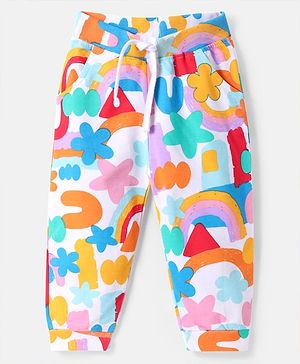 Babyhug Terry Knit Full Length Lounge Pant With Floral & Shapes Print - White