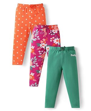 Babyhug Cotton Knit Full Length Polka Dots & Floral Printed Leggings Pack of 3 - Dark Pink Orange & Green