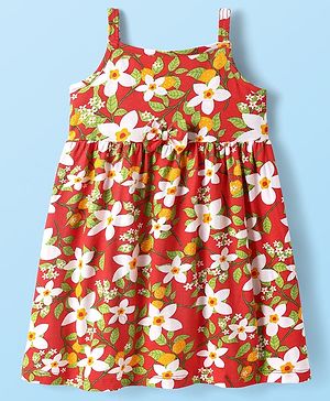 Babyhug Single Jersey Knit Sleeveless Floral Printed Frock with Bow Applique - Red