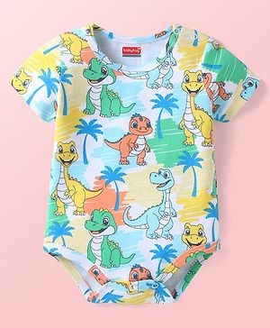 Babyhug 100% Cotton Knit Half Sleeves Onesie with Dino Print - Multicolor