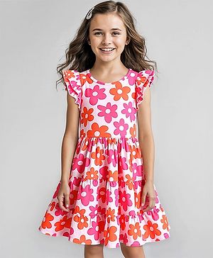 Pine Kids Cotton Knit Frill Sleeves Frock with Floral Print - White