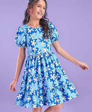 Pine Kids Cotton Knit Half Puffed Sleeves Frock with Floral Print - White & Blue