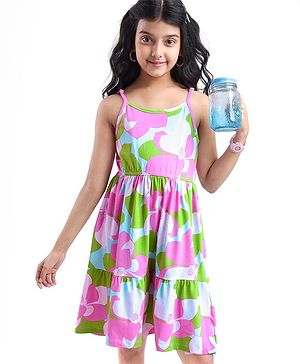 Pine Kids Cotton Knit Singlet Sleeves Frock with Floral Print - Purple