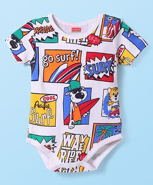 Babyhug 100% Cotton Knit Half Sleeves Onesie with Beach Theme Print - White