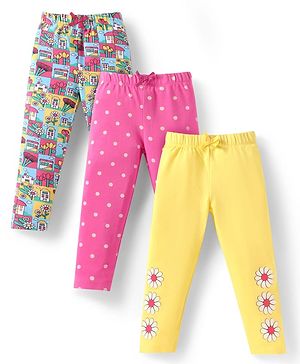 Babyhug Single Jersey Knit Full Length Floral and Polka Dot Printed Leggings Pack Of 3 - Pink Yellow Blue