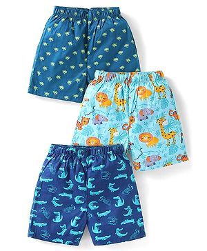 Babyhug Poplin Woven Boxers with Animal Print Pack of 3 - Blue