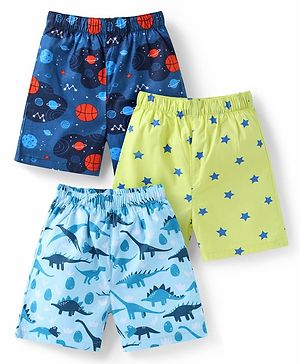 Babyhug Poplin Woven Boxers with Dino & Space Theme Print Pack of 3 - Blue & Light Green