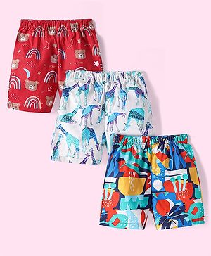 Babyhug Poplin Woven Above Knee Length Boxers With Animal & Tropical Print Pack Of 3 - Red Grey & Navy Blue
