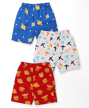 Babyhug Poplin Woven Boxers with Star & Animal Print Pack of 3 - Blue White & Green