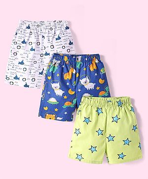 Babyhug Cotton Woven Boxers with Nautical & Space Theme Print Pack of 3 - Blue White & Light Green