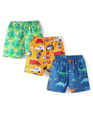 Babyhug Poplin Woven Above Knee Length Boxers With Vehicle & Dino Print Pack Of 3 - Yellow Green & Navy Blue