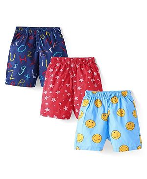 Babyhug Poplin Woven Above Knee Length Boxers With Smiley & Tropical Print Pack Of 3 - Red Yellow & Navy Blue