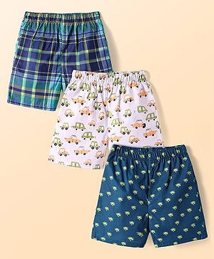 Babyhug Cotton Poplin Woven Boxers with Vehicle & Tropical Theme Print Pack of 3 - Navy Blue & White