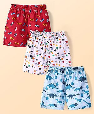 Babyhug Poplin Woven Boxers with Numbers Stars & Dino Print Pack of 3 - Red White & Light Blue