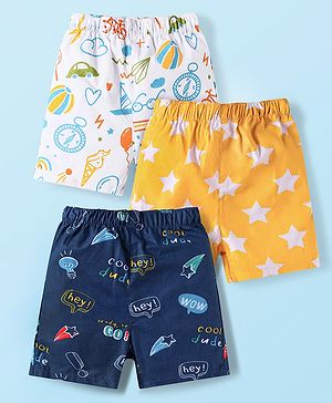 Babyhug Cotton Poplin Woven Boxer with Star Print Pack of 3 - Navy Blue Yellow