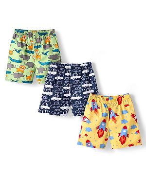 Babyhug Poplin Woven Above Knee Length Boxers With Vehicle & Animal Print Pack Of 3 - Green Yellow & Navy Blue