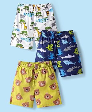 Babyhug Poplin Woven Above Knee Length Boxers With Animal & Sea Life Print Pack Of 3 - Yellow White & Navy Blue