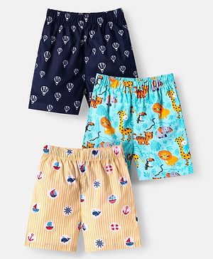 Babyhug Cotton Poplin Woven Boxers with Nautical & Animals  Print Pack of 3 - Blue & Peach