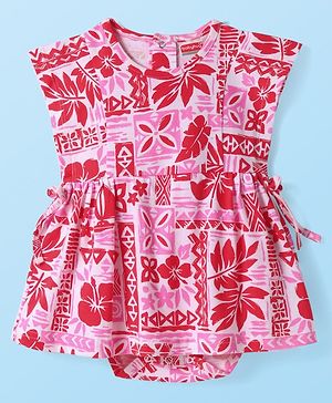 Babyhug 100% Cotton Knit Half Sleeves Frock Style Onesie with Tropical Theme Print - Red