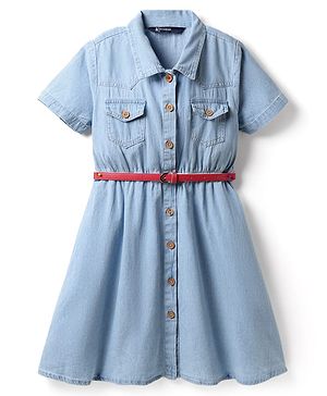 Pine Kids Cotton Woven Half Sleeves Solid Shirt Style Frock With Belt - Light Blue