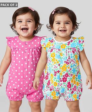 Babyhug 100% Cotton Knit Frill Sleeves Romper with Polka Dots & Floral Print Pack of 2 - Pink & White