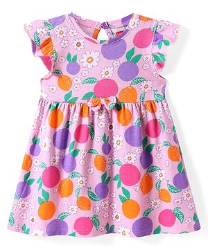 Babyhug Cotton Knit Frill Sleeves Frock With Floral & Fruit Print - Pink