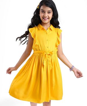 Pine Kids Rayon Woven Frill Sleeves Solid Color Collared Frock - Yellow