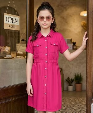 Pine Kids Rayon Woven Half Sleeves Solid Color Shirt Dress - Dark Pink