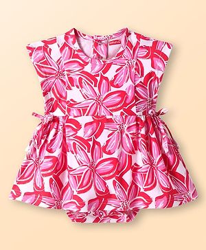 Babyhug 100% Cotton Knit Half Sleeves Frock Style Onesie with Floral Print - Pink