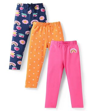 Babyhug Single Jersey Knit Full Length Floral and Polka Dot Printed Leggings Pack Of 3 - Navy Blue Orange Pink