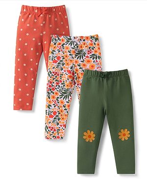 Babyhug Single Jersey Knit Full Length Leggings With Floral & Polka Dot Print Pack of 3 - Olive Green Red & White