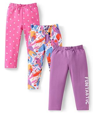 Babyhug Single Jersey Knit Full Length Leggings With Polka Dot Print Pack of 3 - Purple Pink & White