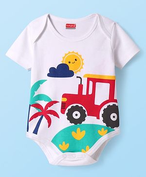 Babyhug 100% Cotton Knit Half Sleeves Onesie with Tropical Theme Print - White