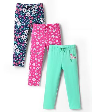 Babyhug Cotton Knit Full Length Leggings with Floral Print Pack of 3 - Pink Sea Green & Navy Blue