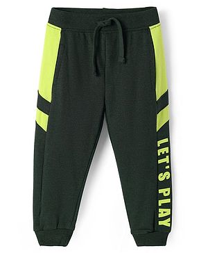 Babyhug Cotton Terry Knit Full Length Cut & Sew Lounge Pant with Let's Paly Print - Dark Green