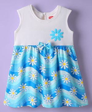 Babyhug Cotton Knit Sleeveless Frock With Floral Print & Bow Applique - Light Blue & White