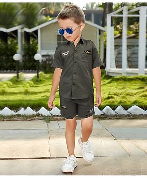 BAD BOYS Satin Half Sleeves Typography Printed Shirt With Coordinating Shorts Set - Olive Green