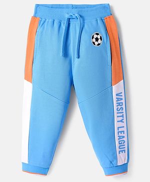 Babyhug Cotton Knit Full Length Cut & Sew Designed Lounge Pant with Text Print - Blue