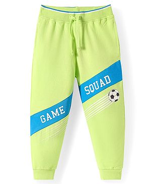 Babyhug Cotton Knit Full Length Lounge Pants with Game Squad Print - Lime Green