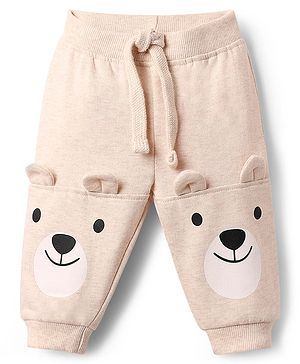 Babyhug Terry Knit Full Length Lounge Pant With Animal Print & Ear Applique - Cream