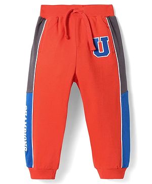 Babyhug Terry Knit Full Length Track Pants with Sport Theme Text Print - Red