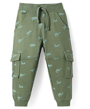 Babyhug Cotton Knit Full Length Lounge Pant with Dino Print - Green