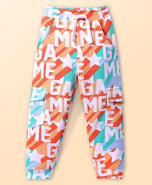 Babyhug Terry Knit Full Length Lounge Pant With Text Print - Orange & Blue