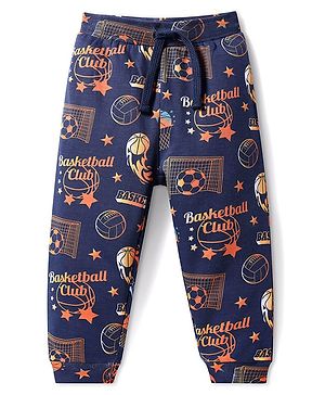 Babyhug Terry Knit Full Length Lounge Pant With Basketball Print - Navy Blue