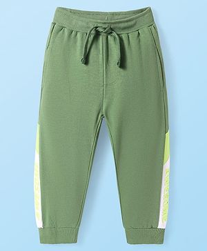 Babyhug Cotton Knit Full Length Cut & Sew  Lounge Pant with Text Print - Olive Green