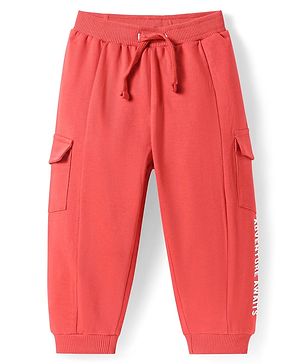 Babyhug Terry Knit Full Length Cut & Sew Track Pants With Text Print & Pockets - Red