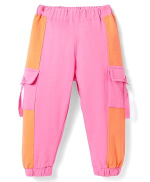 Babyhug Terry Knit Full Length Cut & Sew Lounge Pants with Pockets - Pink & Orange