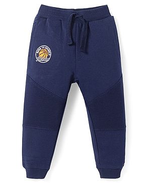 Babyhug Cotton Knit Full Length Lounge Pant with Text Patch Detailing - Navy Blue