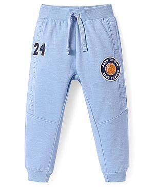 Babyhug Cotton Knit Full Length Lounge Pants with Sports Badge - Blue