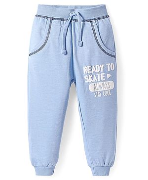 Babyhug Cotton Knit Full Length Lounge Pant with Text Badge Detailing - Light Blue